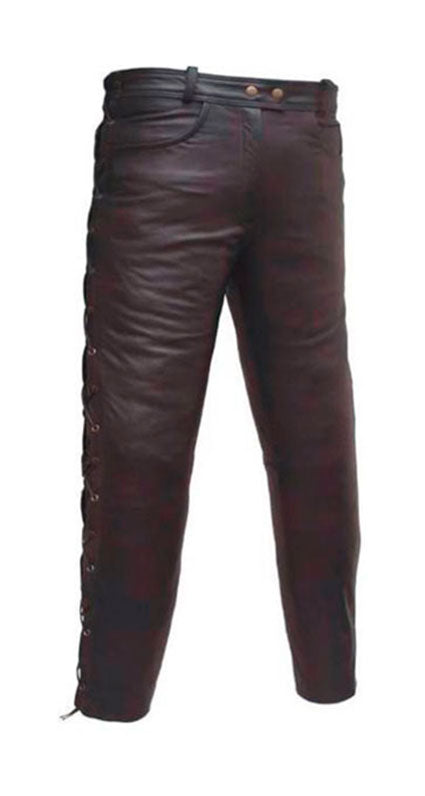 PANTALÓN DE PIEL CON CORTE TEJANO Y CON CORDONES