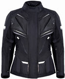 REF:MINERVA BLANCA NEGRACHAQUETA MUJER 3/4 DE MOTO EN TEXTIL IMPERMEABLE, TRANSPIRABLE Y TÉRMICO CON PROTECCIONES C.E.