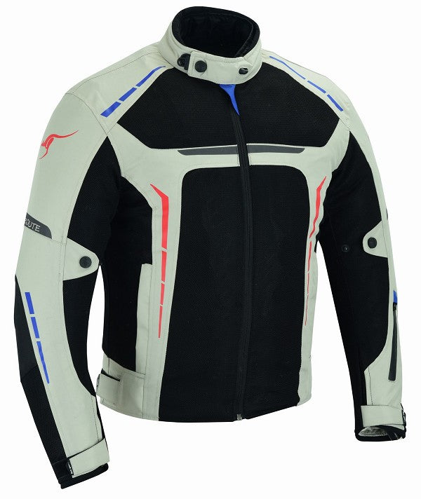 REF:VULCANO PLATA BLANCO ROJO AZULCHAQUETA DE MOTO PERFORADA DE VERANO CON FORRO IMERMEABLE Y EXTRAIBLE CON PROTECCIONES CE. UNISEX