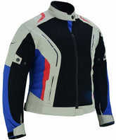 REF:Diana plata blanco rojo azulCHAQUETA DE MOTO PARA CHICAS CON PROTECCIONES C.E. Y FORRO IMPERMEABLE EXTRAIBLE