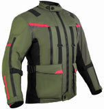 REF:NAPTUNO VERDE MILITAR ROJOCHAQUETA 3/4 UNISEX DE MOTO EN TEXTIL, IMPERMEABLE, TRANSPIRABLE Y TÉRMICO CON PROTECCIONES C.E.