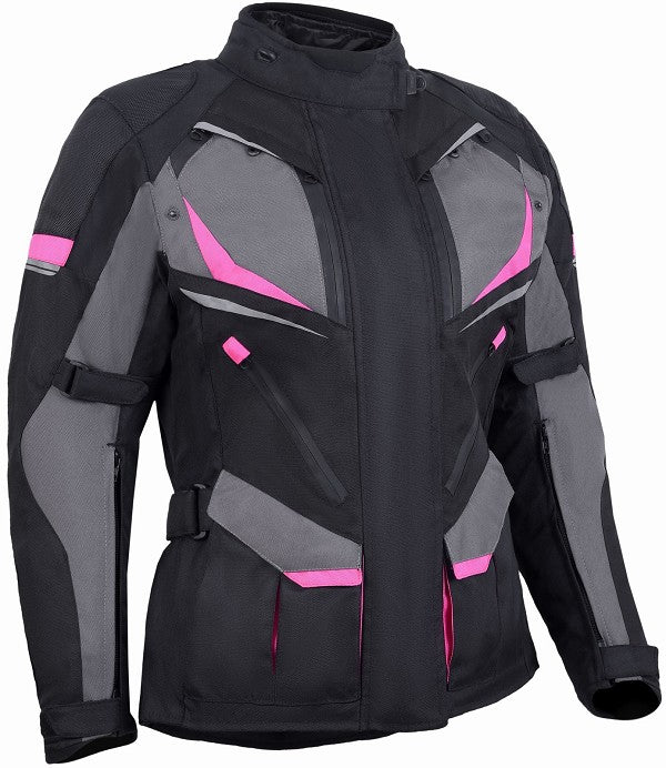 REF:MINERVA GRIS FUCSIA NEGRACHAQUETA MUJER 3/4 DE MOTO EN TEXTIL IMPERMEABLE, TRANSPIRABLE Y TÉRMICO CON PROTECCIONES C.E.
