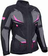 REF:MINERVA GRIS FUCSIA NEGRACHAQUETA MUJER 3/4 DE MOTO EN TEXTIL IMPERMEABLE, TRANSPIRABLE Y TÉRMICO CON PROTECCIONES C.E.