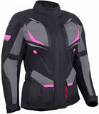 REF:MINERVA GRIS FUCSIA NEGRACHAQUETA MUJER 3/4 DE MOTO EN TEXTIL IMPERMEABLE, TRANSPIRABLE Y TÉRMICO CON PROTECCIONES C.E.