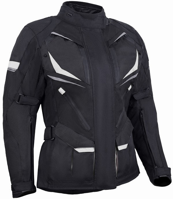REF:MINERVA BLANCA NEGRACHAQUETA MUJER 3/4 DE MOTO EN TEXTIL IMPERMEABLE, TRANSPIRABLE Y TÉRMICO CON PROTECCIONES C.E.