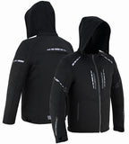 REF:KARAKARUM NEGROCHAQUETA DE MOTO UNISEX EN TEJIDO SOFTSHELL, NEOPRENO IMPERMEABLE, TÉRMICO Y PROTECTORES C.E.