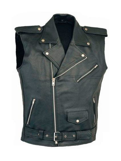 REF:GM493 NEGROCHALECO DE PIEL CLASICO CRUZADO CON CREMALLERA