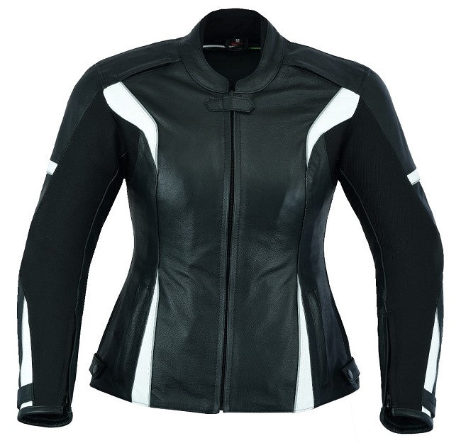 REF:AFRODITA BLANCA NEGRACHAQUETA DE MOTO EN CUERO PARA CHICAS CON PROTECTORES C.E