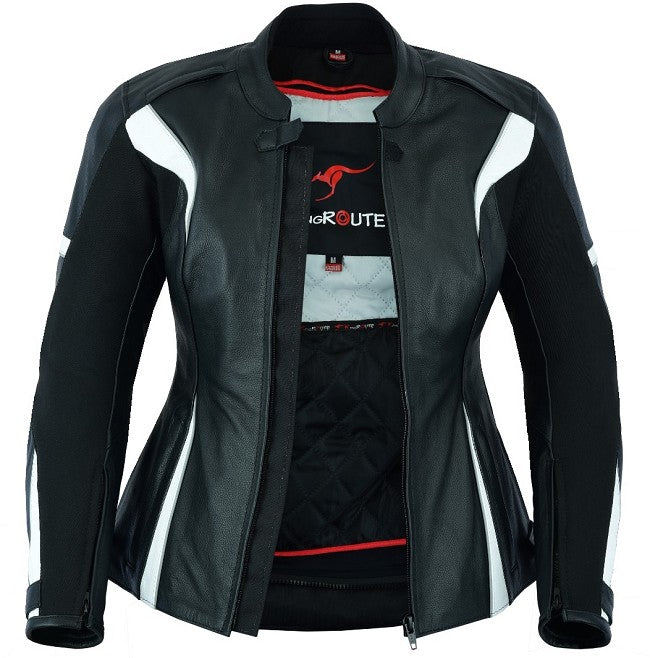 REF:AFRODITA BLANCA NEGRACHAQUETA DE MOTO EN CUERO PARA CHICAS CON PROTECTORES C.E