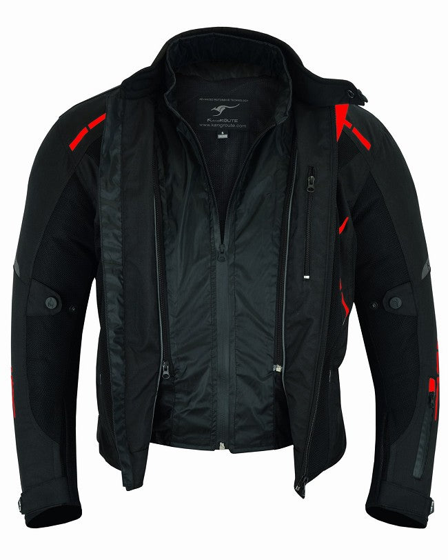 REF:VULCANO ROJO NEGROCHAQUETA DE MOTO PERFORADA DE VERANO CON FORRO IMERMEABLE EXTRAIBLE Y PROTECTORES C.E. UNISEX