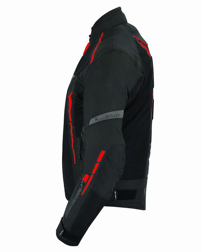 REF:VULCANO ROJO NEGROCHAQUETA DE MOTO PERFORADA DE VERANO CON FORRO IMERMEABLE EXTRAIBLE Y PROTECTORES C.E. UNISEX