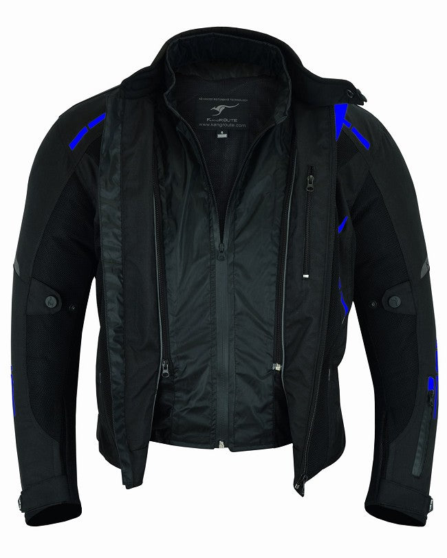 REF:VULCANO AZUL NEGROCHAQUETA DE MOTO PERFORADA DE VERANO CON FORRO IMERMEABLE Y EXTRAIBLE CON PROTECCIONES CE. UNISEX