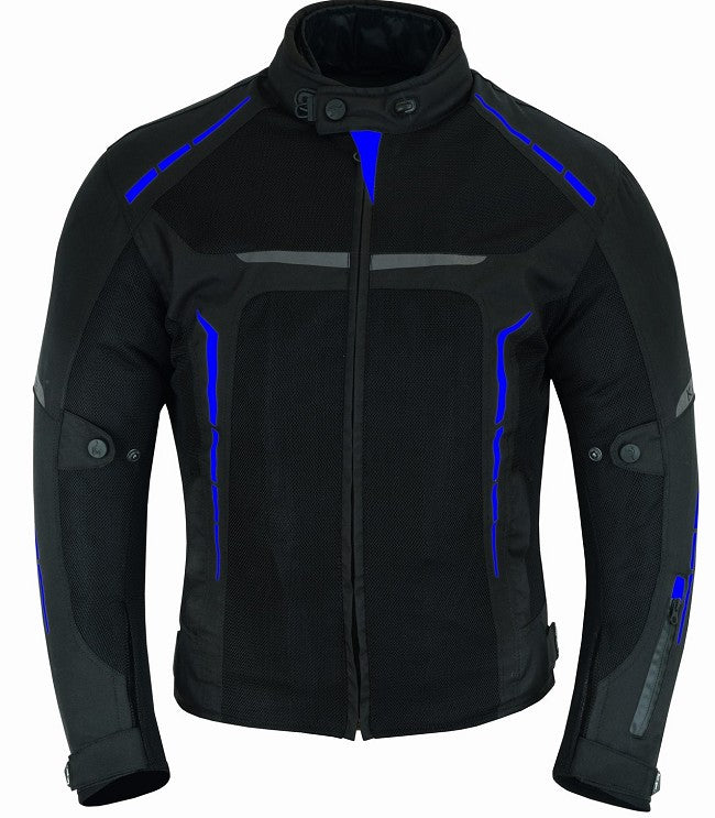 REF:VULCANO AZUL NEGROCHAQUETA DE MOTO PERFORADA DE VERANO CON FORRO IMERMEABLE Y EXTRAIBLE CON PROTECCIONES CE. UNISEX