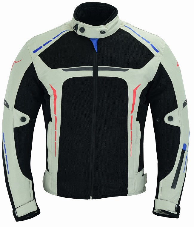 REF:VULCANO PLATA BLANCO ROJO AZULCHAQUETA DE MOTO PERFORADA DE VERANO CON FORRO IMERMEABLE Y EXTRAIBLE CON PROTECCIONES CE. UNISEX