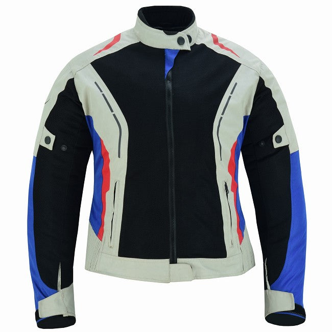 REF:Diana plata blanco rojo azulCHAQUETA DE MOTO PARA CHICAS CON PROTECCIONES C.E. Y FORRO IMPERMEABLE EXTRAIBLE
