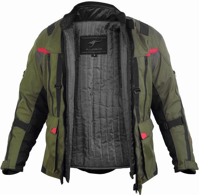 REF:NAPTUNO VERDE MILITAR ROJOCHAQUETA 3/4 UNISEX DE MOTO EN TEXTIL, IMPERMEABLE, TRANSPIRABLE Y TÉRMICO CON PROTECCIONES C.E.