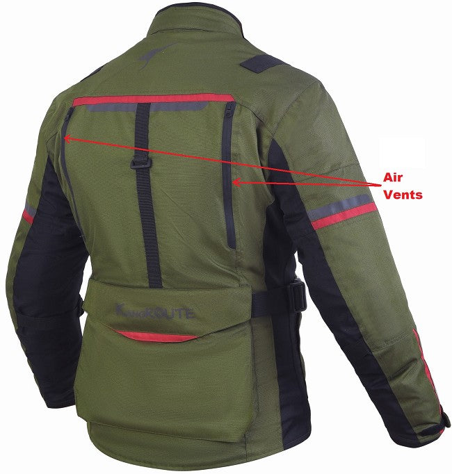 REF:NAPTUNO VERDE MILITAR ROJOCHAQUETA 3/4 UNISEX DE MOTO EN TEXTIL, IMPERMEABLE, TRANSPIRABLE Y TÉRMICO CON PROTECCIONES C.E.