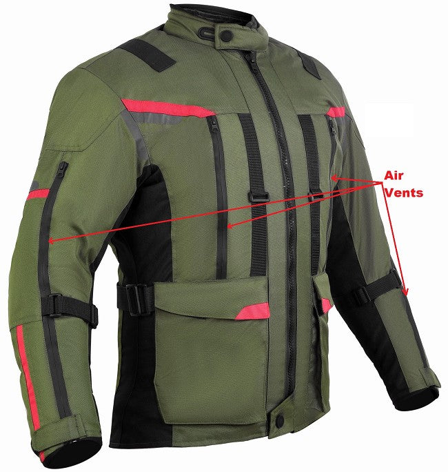 REF:NAPTUNO VERDE MILITAR ROJOCHAQUETA 3/4 UNISEX DE MOTO EN TEXTIL, IMPERMEABLE, TRANSPIRABLE Y TÉRMICO CON PROTECCIONES C.E.