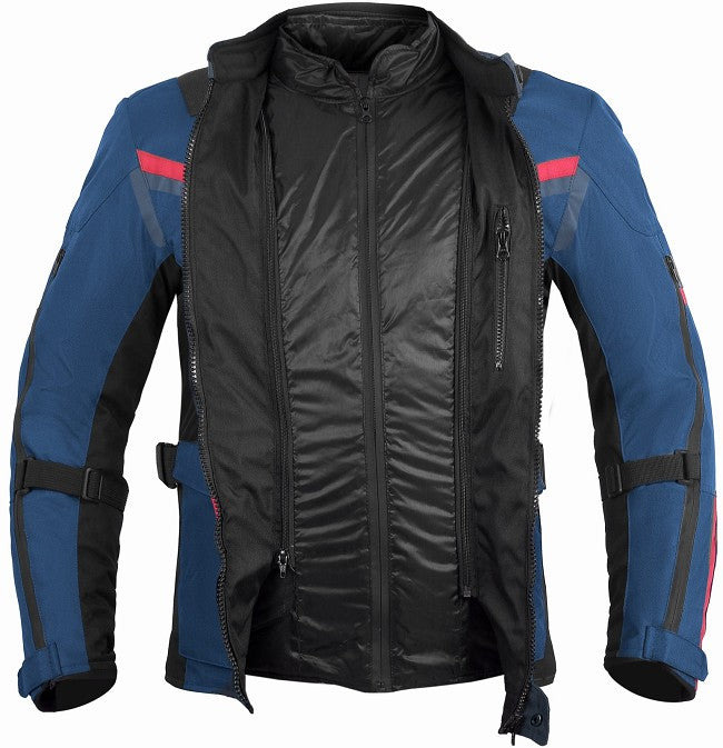 REF:NAPTUNO AZUL MARINO ROJOCHAQUETA 3/4 UNISEX DE MOTO EN TEXTIL, IMPERMEABLE, TRANSPIRABLE Y TÉRMICO CON PROTECCIONES C.E.