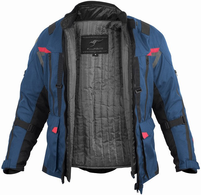 REF:NAPTUNO AZUL MARINO ROJOCHAQUETA 3/4 UNISEX DE MOTO EN TEXTIL, IMPERMEABLE, TRANSPIRABLE Y TÉRMICO CON PROTECCIONES C.E.