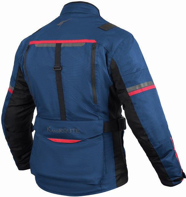 REF:NAPTUNO AZUL MARINO ROJOCHAQUETA 3/4 UNISEX DE MOTO EN TEXTIL, IMPERMEABLE, TRANSPIRABLE Y TÉRMICO CON PROTECCIONES C.E.