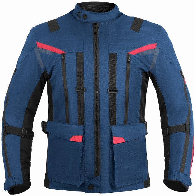 REF:NAPTUNO AZUL MARINO ROJOCHAQUETA 3/4 UNISEX DE MOTO EN TEXTIL, IMPERMEABLE, TRANSPIRABLE Y TÉRMICO CON PROTECCIONES C.E.