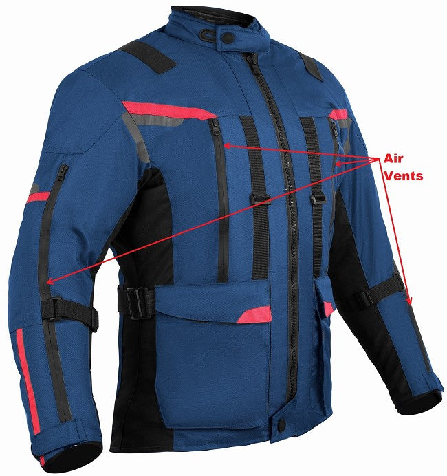 REF:NAPTUNO AZUL MARINO ROJOCHAQUETA 3/4 UNISEX DE MOTO EN TEXTIL, IMPERMEABLE, TRANSPIRABLE Y TÉRMICO CON PROTECCIONES C.E.