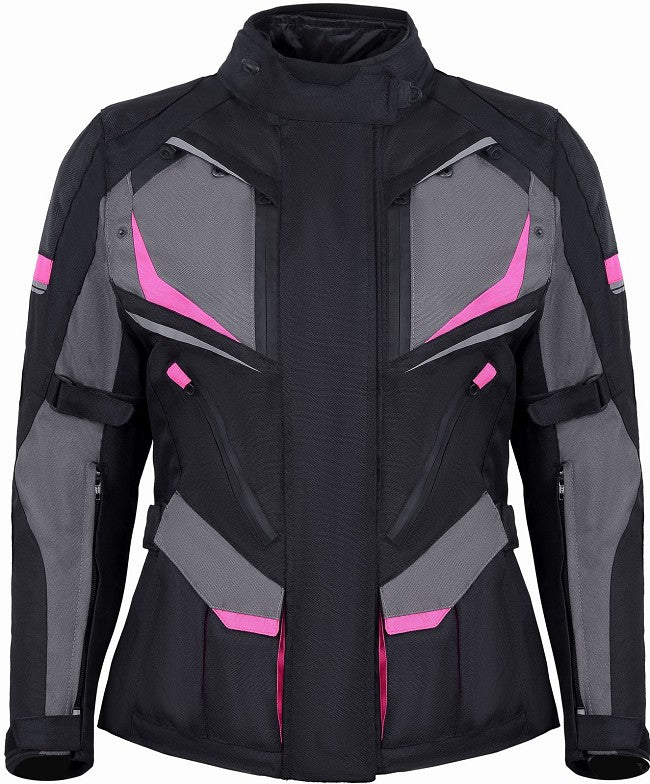 REF:MINERVA GRIS FUCSIA NEGRACHAQUETA MUJER 3/4 DE MOTO EN TEXTIL IMPERMEABLE, TRANSPIRABLE Y TÉRMICO CON PROTECCIONES C.E.