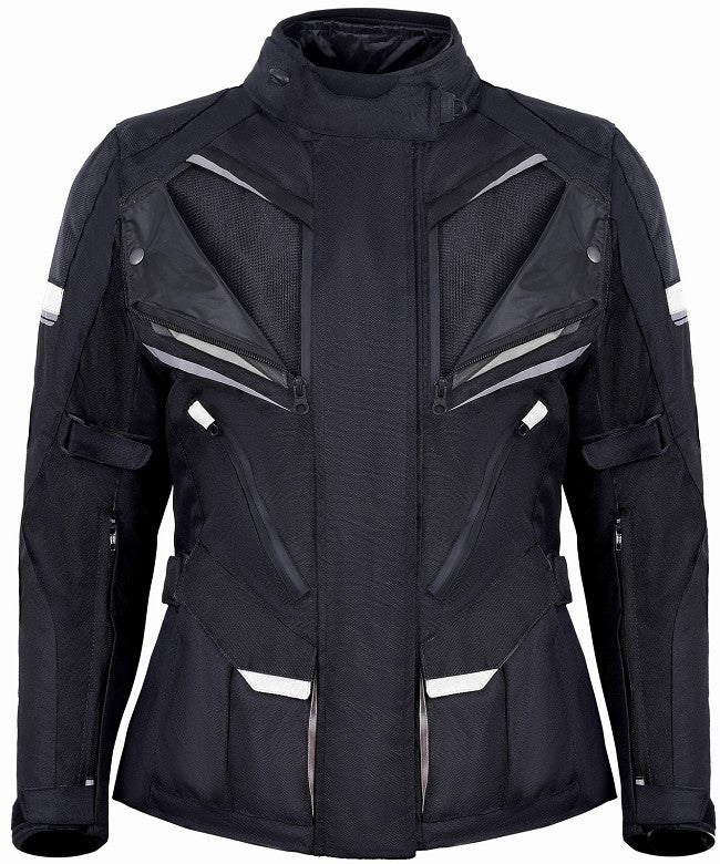 REF:MINERVA BLANCA NEGRACHAQUETA MUJER 3/4 DE MOTO EN TEXTIL IMPERMEABLE, TRANSPIRABLE Y TÉRMICO CON PROTECCIONES C.E.