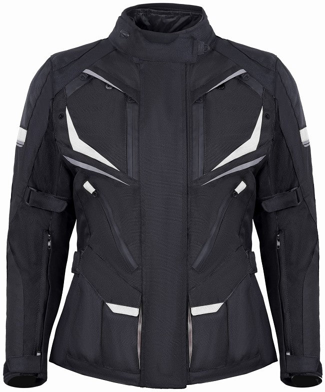 REF:MINERVA BLANCA NEGRACHAQUETA MUJER 3/4 DE MOTO EN TEXTIL IMPERMEABLE, TRANSPIRABLE Y TÉRMICO CON PROTECCIONES C.E.