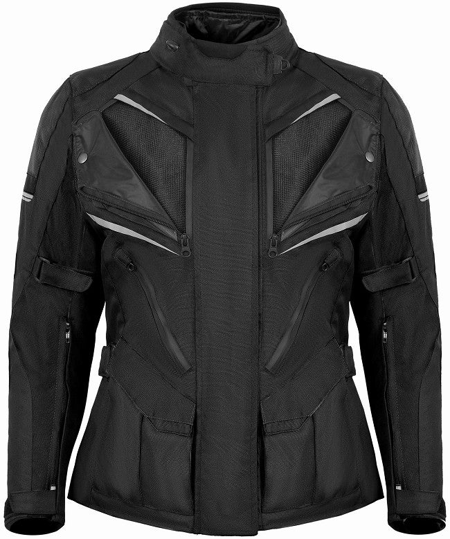 REF:MINERVA NEGRACHAQUETA MUJER 3/4 DE MOTO EN TEXTIL IMPERMEABLE, TRANSPIRABLE, TÉRMICO CON PROTECCIONES C.E.
