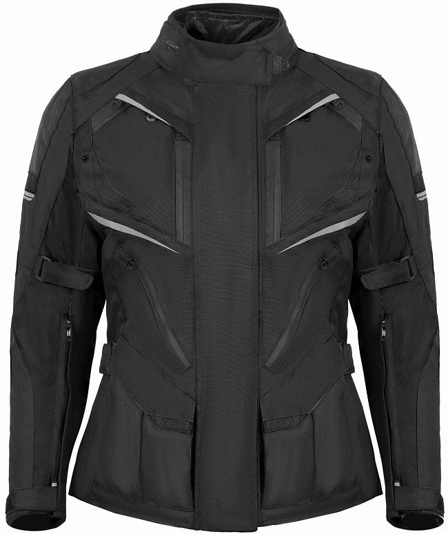 REF:MINERVA NEGRACHAQUETA MUJER 3/4 DE MOTO EN TEXTIL IMPERMEABLE, TRANSPIRABLE, TÉRMICO CON PROTECCIONES C.E.