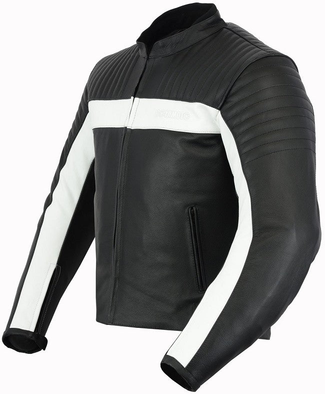 REF:GM175 NEGRA - BLANCACHAQUETA DE MOTO EN PIEL CON PROTECCIONES EXTRAIBLES