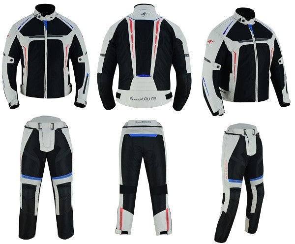 Summer suit, consisting of a perforated summer jacket and trousers with removable waterproof linings