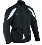 REF:GM111 BLANCA NEGRACHAQUETA DE MOTO 3/4 EN CORDURA, UNISEX, IMPERMEABLE, FORRO DESMONTABLE PROTECTORES C.E.