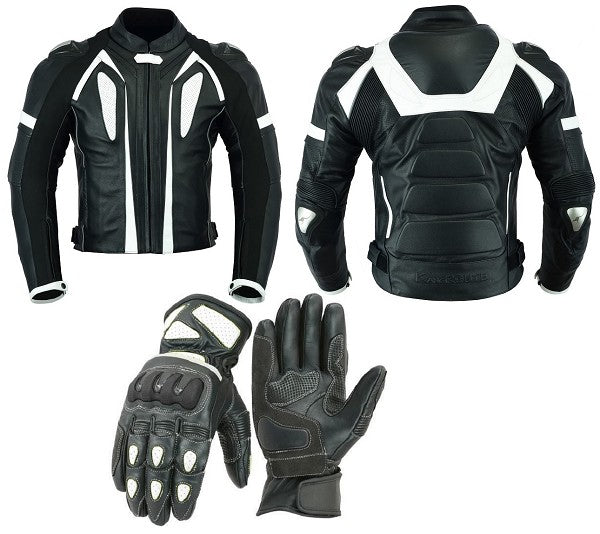 PACK DE CHAQUETA Y GUANTES DE MOTO EN PIEL CON PROTECCIONES (1)